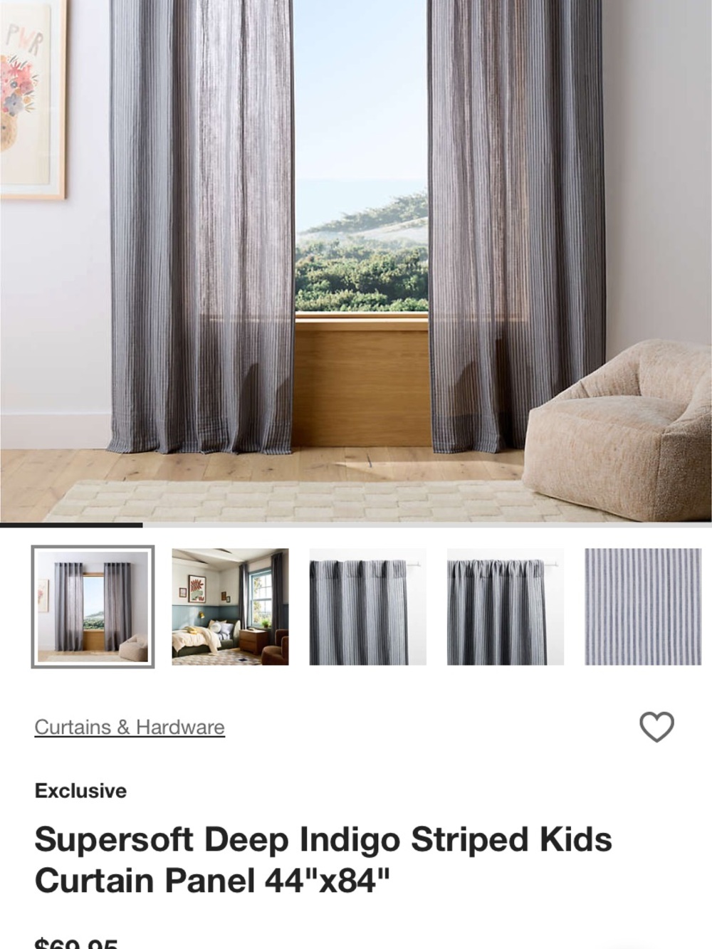 Crate&Barrel Gray Striped Sheer Curtain Panel
